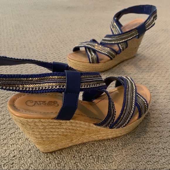 Carlos Santana Blue and Tan Wedges with Textued Woven Wedge and Beaded Straps - Picture 5 of 5
